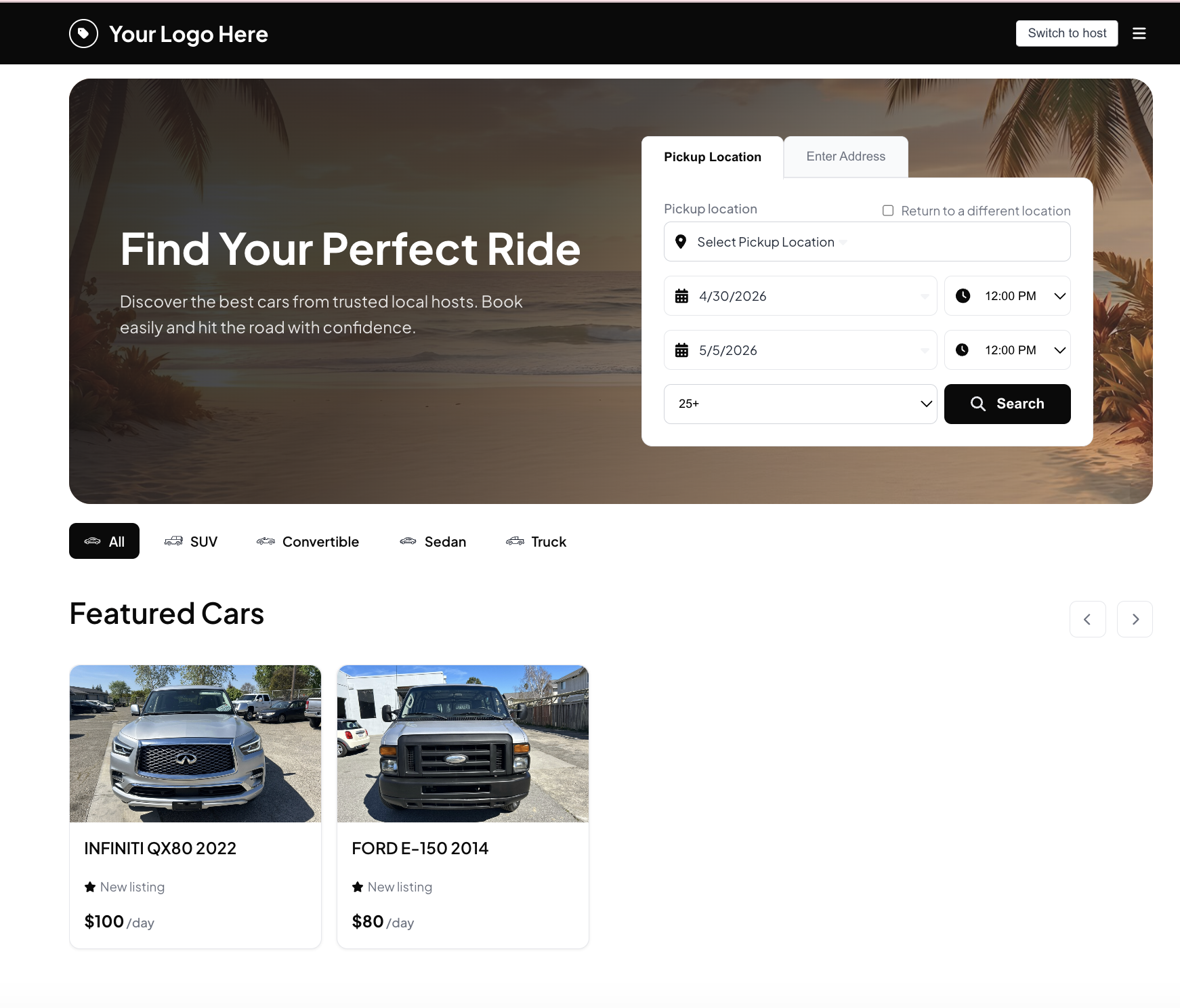 Guest web experience — hero and featured cars